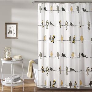 Bird Pattern Shower Curtain - White, Yellow and Gray